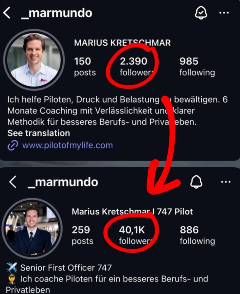 Instagram-Profil vorher 2.390, nachher 40,1K Follower