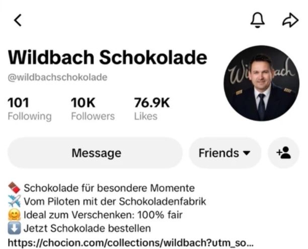 TikTok-Profil Wildbach Schokolade mit 10K Followern